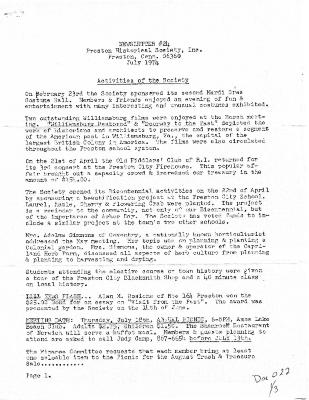 Preston Historical Society Newsletter  July 1974