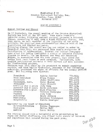 Preston Historical Society Newsletter Nov. 1977