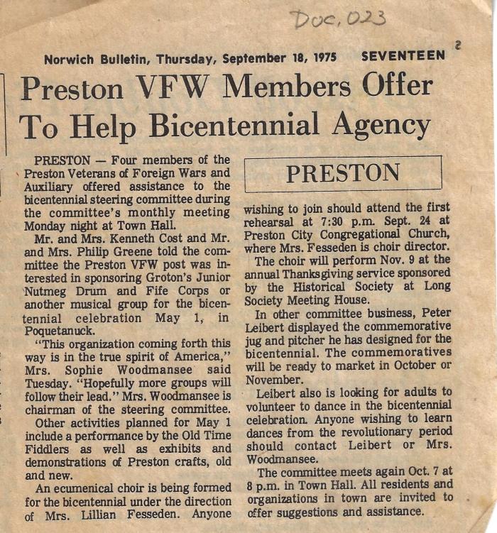 Preston VFW Members Offer to Help Bicentennial Agency