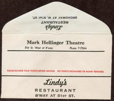 Envelope for ticket Stub for  Mark Hellinger Theatre, Oct 3, 1970. 