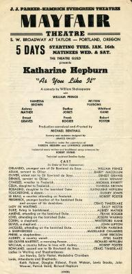 As You Like It one sheet playbill for Mayfair Theatre Portland, Oregon
