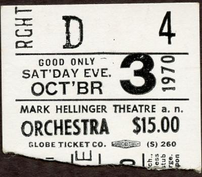 Ticket Stub for Mark Hellinger Theatre, Oct 3, 1970