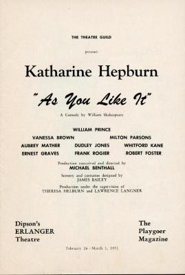 As You Like It Playbill, Erlanger Theatre, Washington DC
