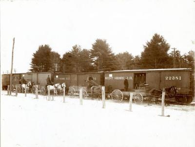 Loading Hazard Powder Company products onto train cars in Hazardville (Enfield), Connecticut

