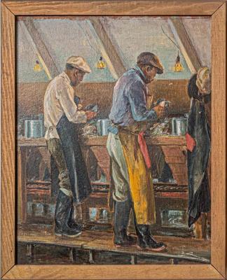 Painting, untitled study for a mural depicting two African American men shucking oysters in a building