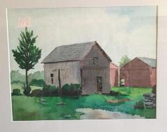 Watercolor Painting of Parmelee Farm barns.