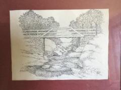 Black pen and ink sketch; Nineveh Bridge.
