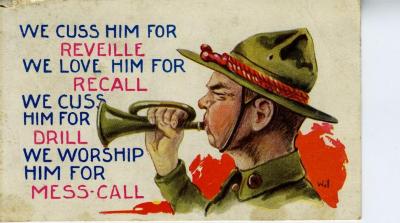 We Cuss Him for Reveille, We Love Him for Recall postcard