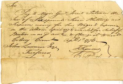 Receipt for Payment to Israel Putnam for the Lexington Alarm, April 1775