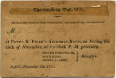 Thanksgiving Ball invitation at Peter R. Field's in Enfield, CT, 1817