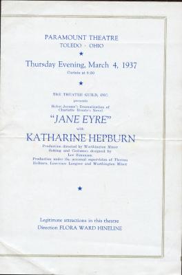Playbill Jane Eyre, Paramount Theatre, Toledo, Ohio