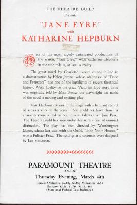 Playbill Jane Eyre, Paramount Theatre, Toledo, Ohio